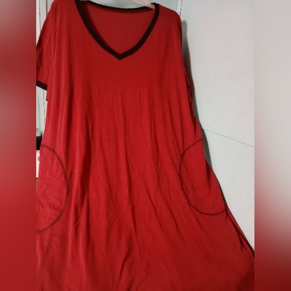 Red V-Neck Dress with Black Trim, Cute Black Stitch Side Pockets. - Picture 1 of 3